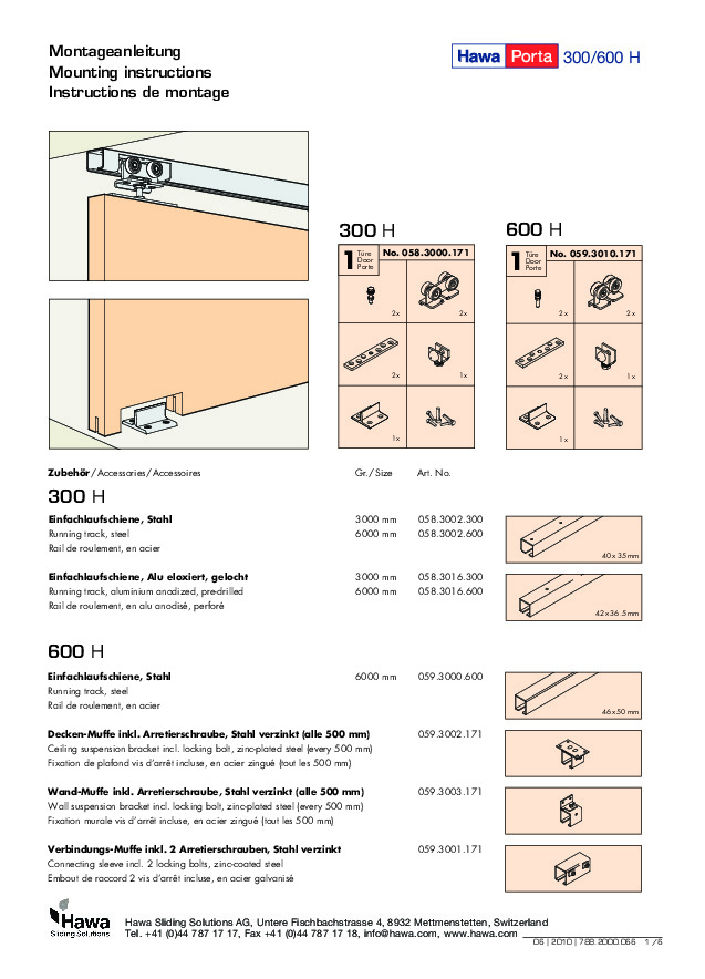 HAWA PORTA 300/600 H - montāžas instrukcija (DE/EN/FR)