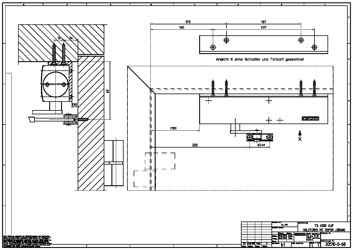 Durvju aizvērēja TS 4000/TS 4000 S montāžas leņķis