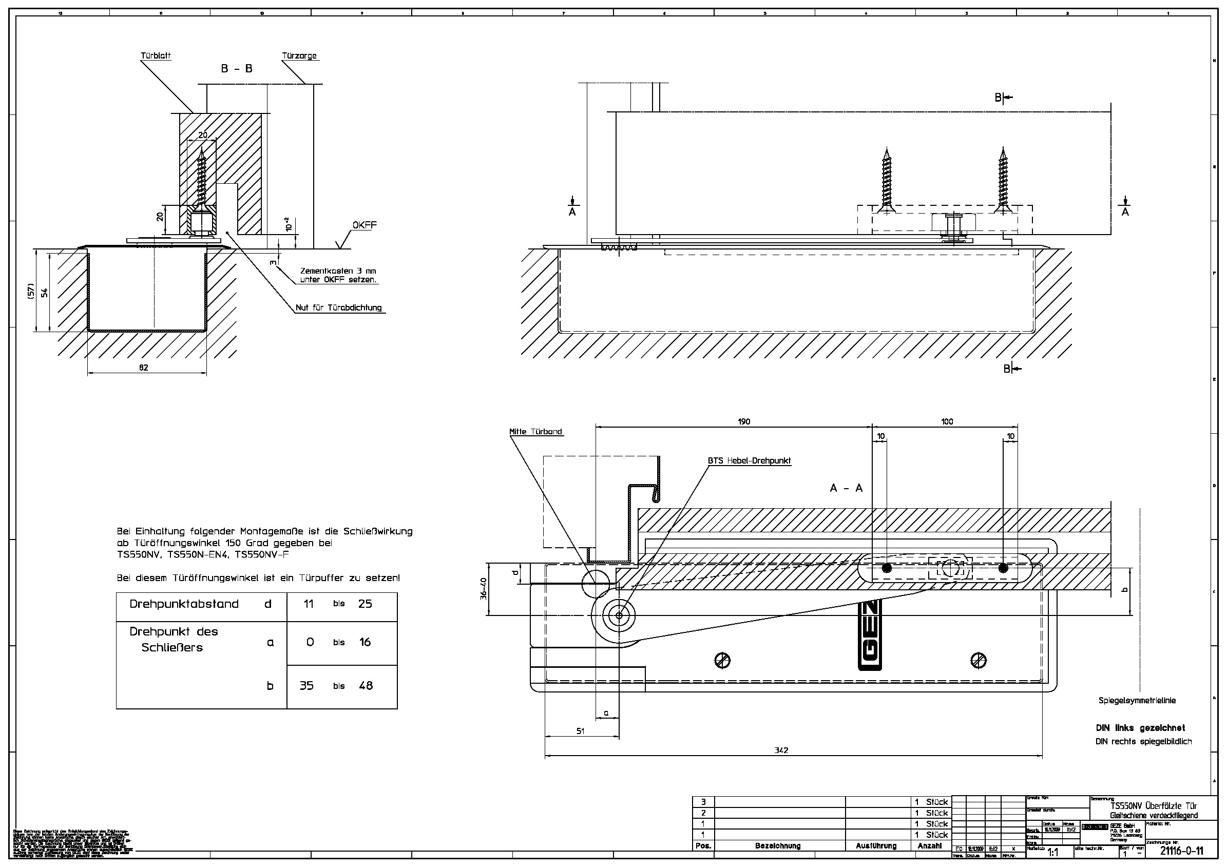 Door closer TS 550 NV installation into rebated doors with guide rail - concealed