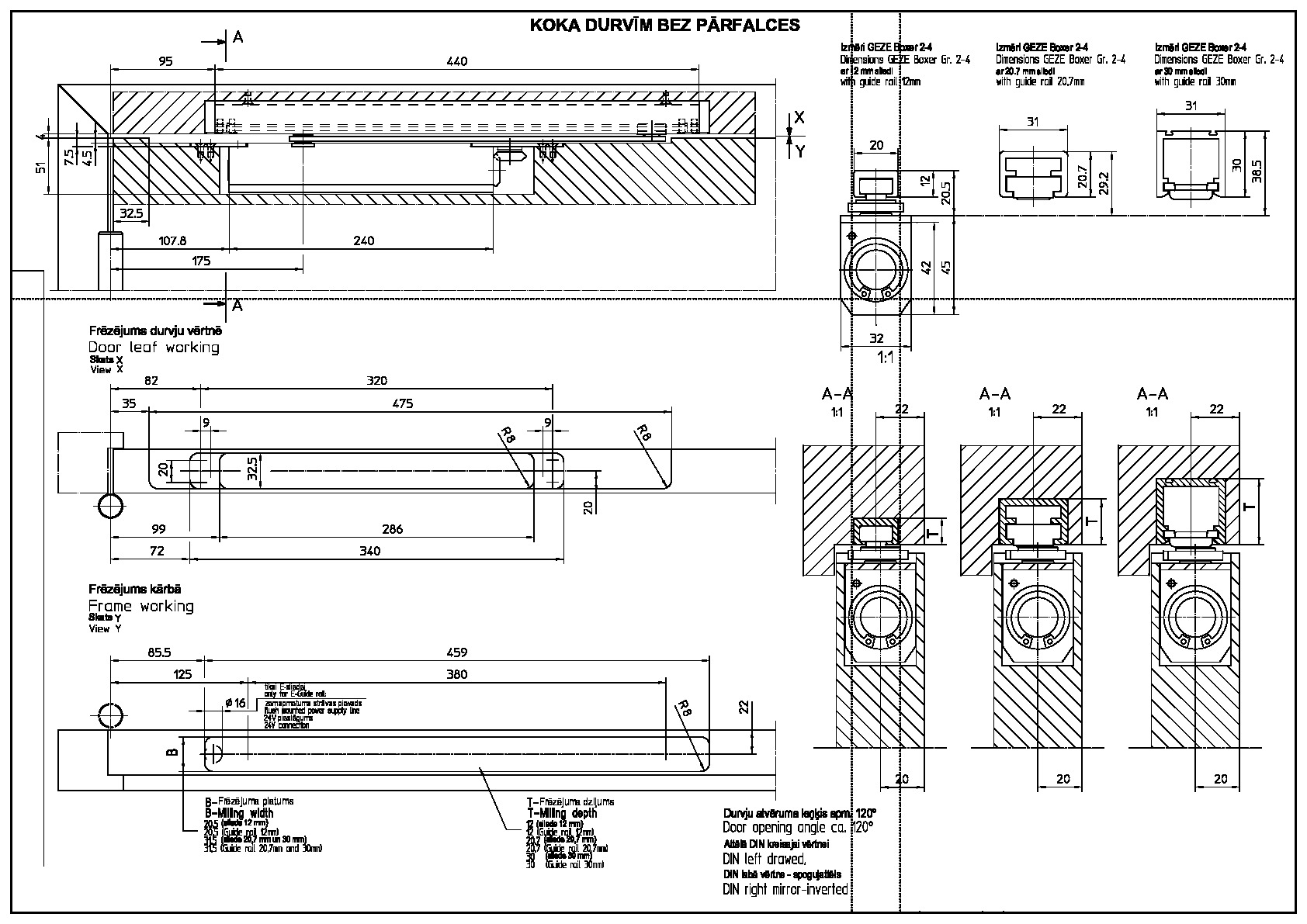 Assembly details for the concealed closer BOXER 2-4 in non-rebated wooden doors