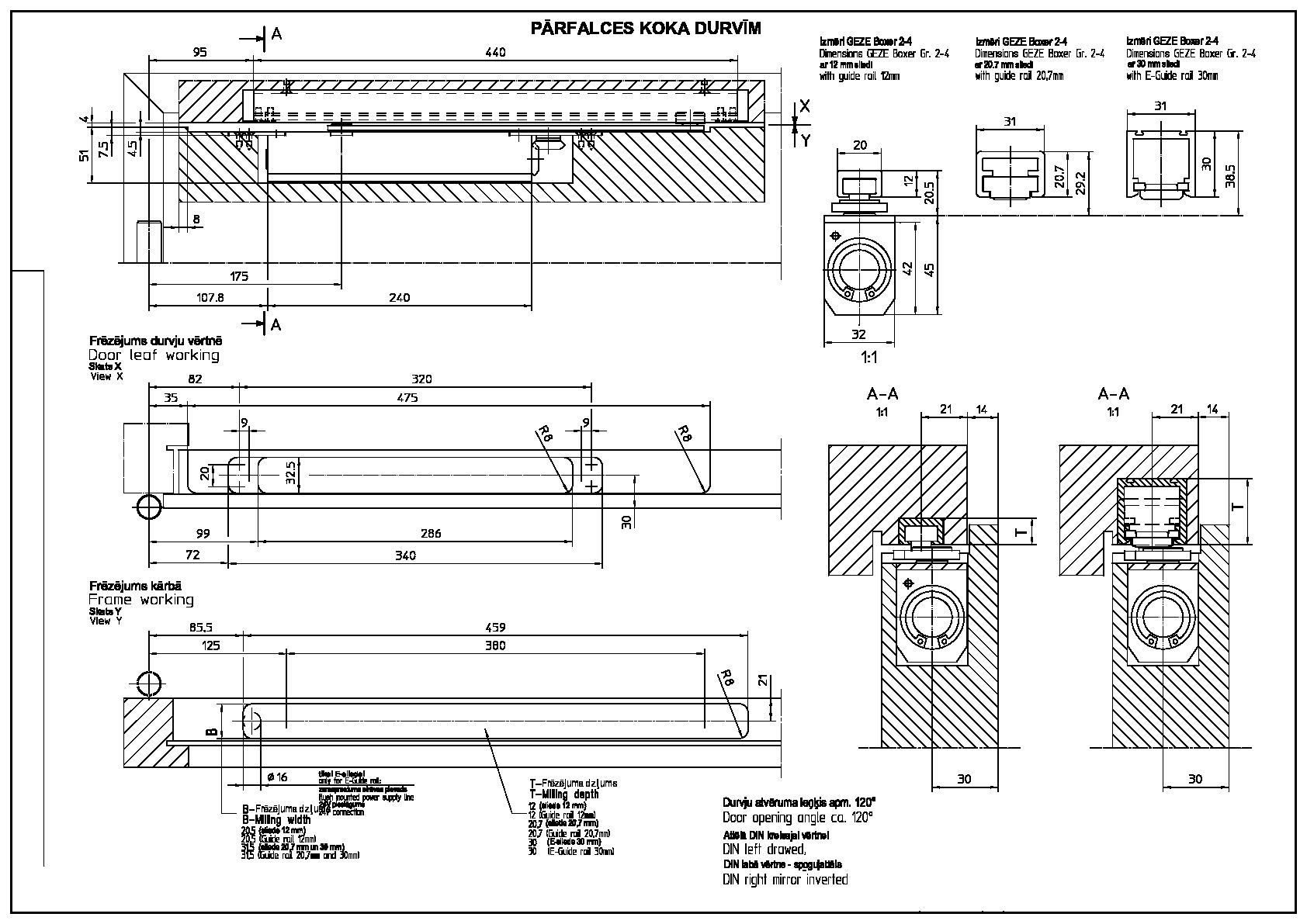 Assembly details for the concealed closer BOXER 2-4 in rebated wooden doors