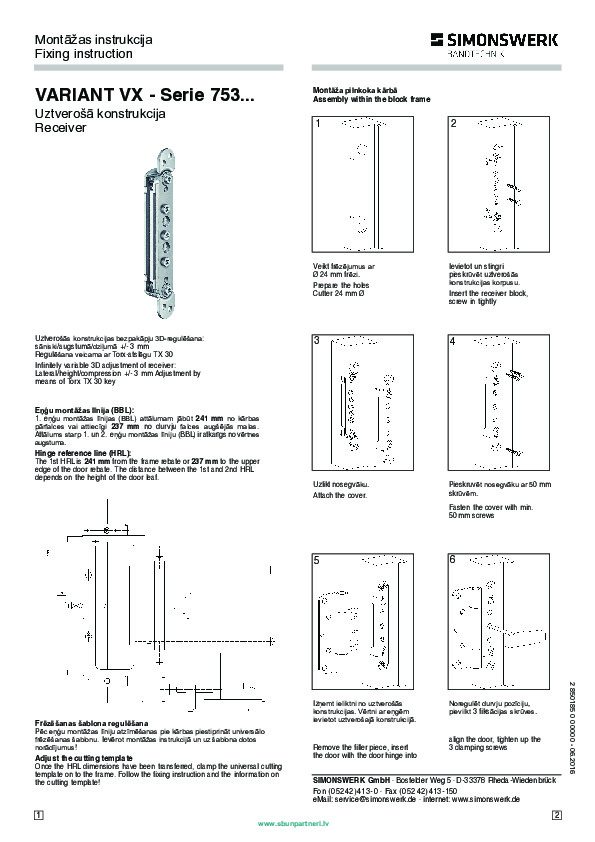 VARIANT VX 753.. uztverošās konstrukcijas montāžas un regulēšanas instrukcija