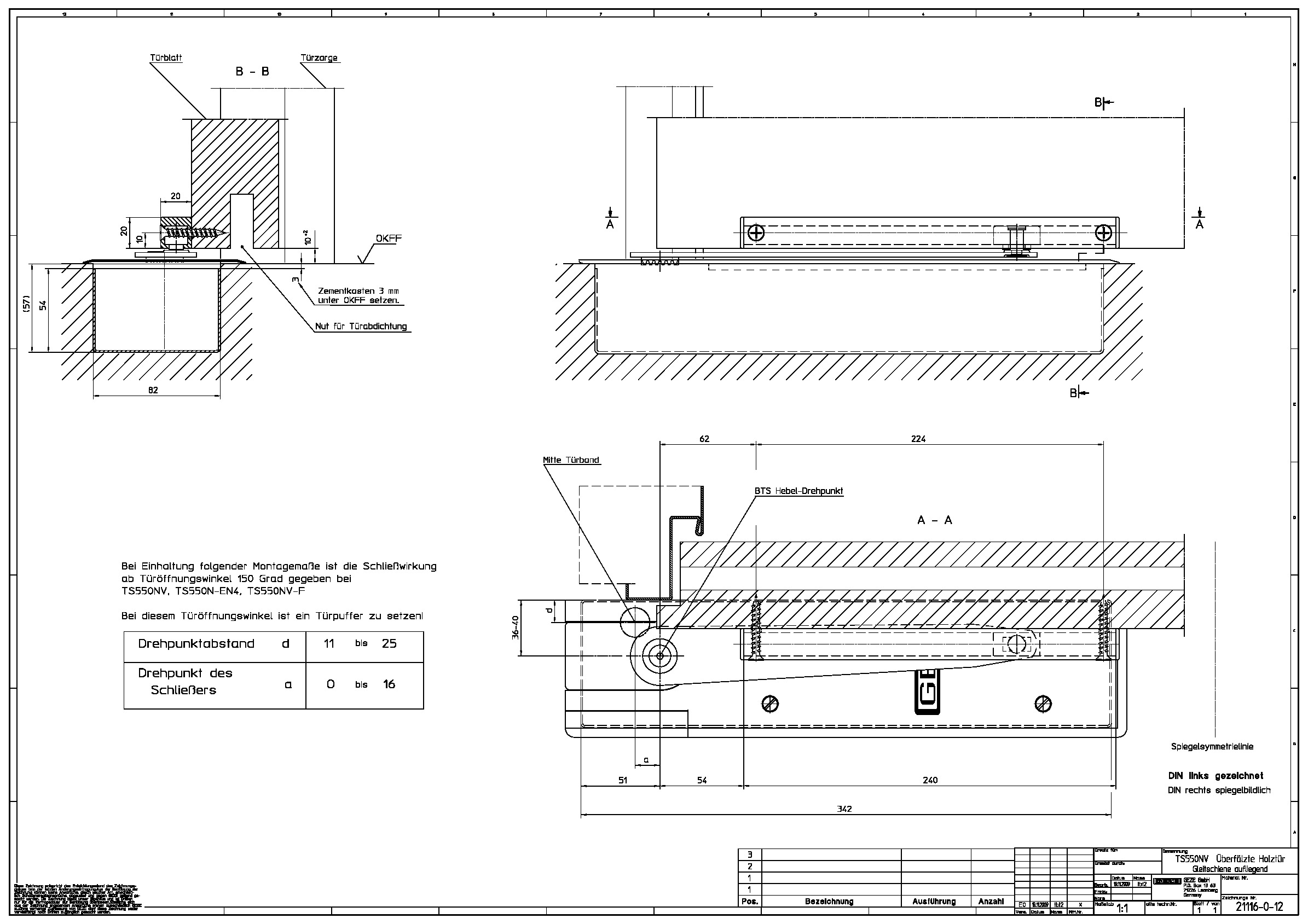 Door closer TS 550 NV installation into rebated doors with guide rail