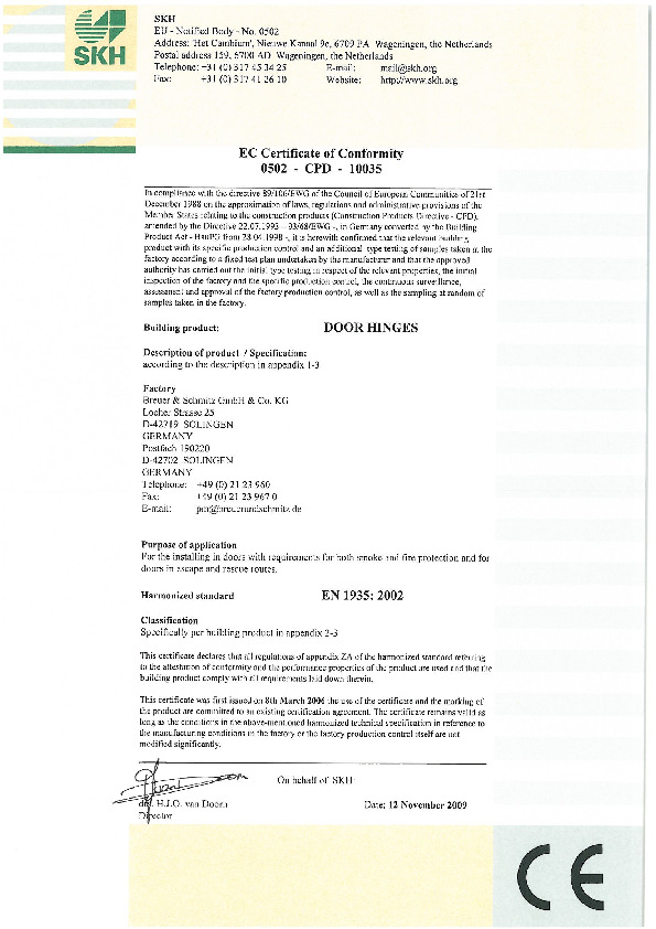 EU Certificate of Conformity (CE): 0502-CPD-10035 (EN)