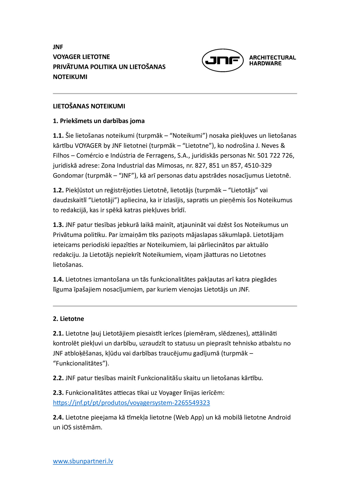 JNF Voyager mobilā lietotne - lietošanas noteikumi (LV)