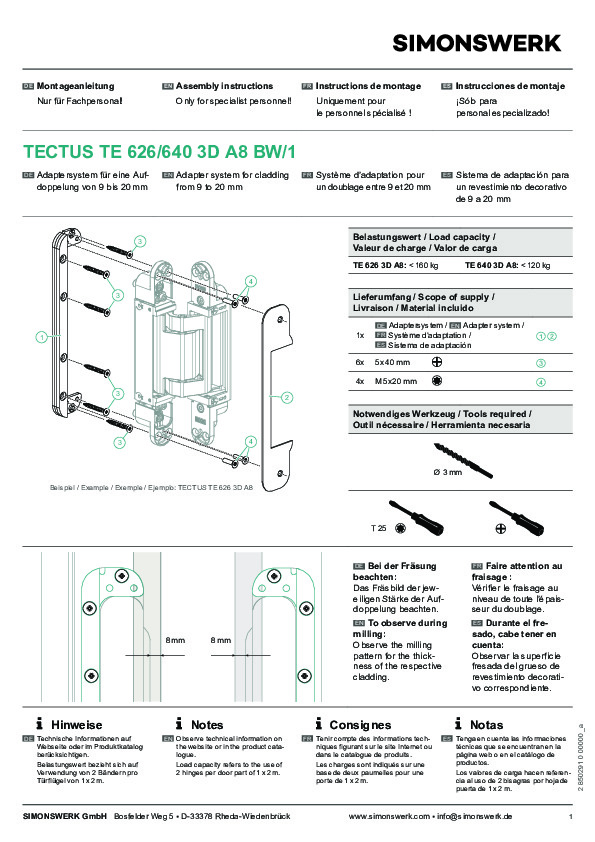 Montāžas instrukcija TECTUS TE 626 / 640 3D A8 leņķim