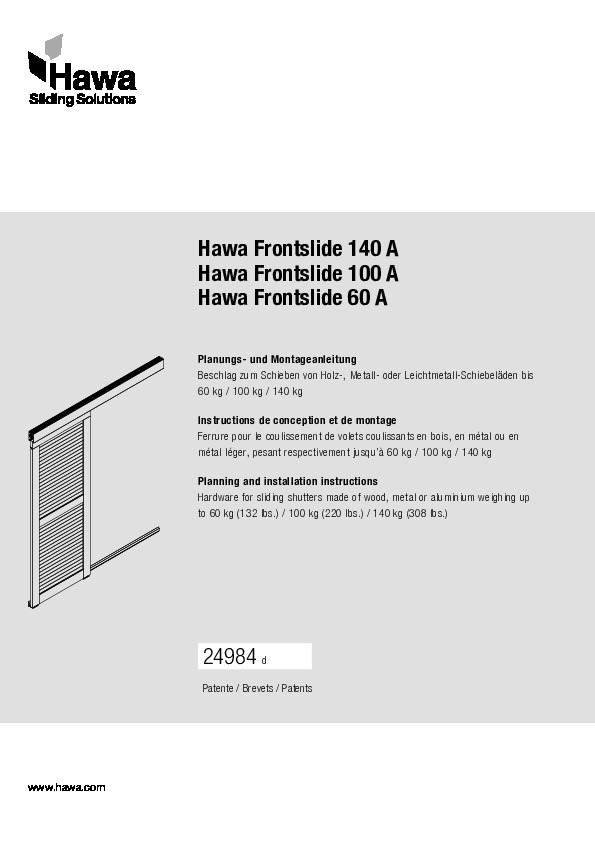 HAWA FRONTSLIDE 60/100/140 A - montāžas instrukcija (DE/FR/ENG)