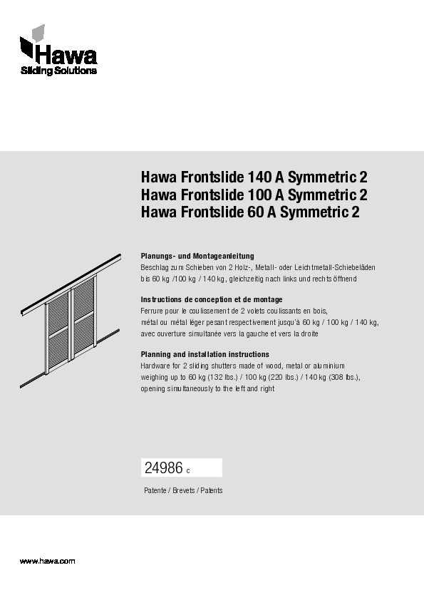 HAWA FRONTSLIDE 60/100/140 SYMMETRIC 2 - montāžas instrukcija 2 vērtnēm ar manuālu vadību