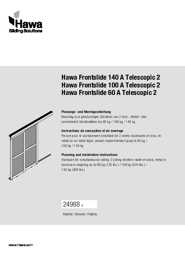 HAWA FRONTSLIDE 60/100/140 A TELESCOPIC - montāžas instrukcija 2 vērtnēm ar manuālu vadību