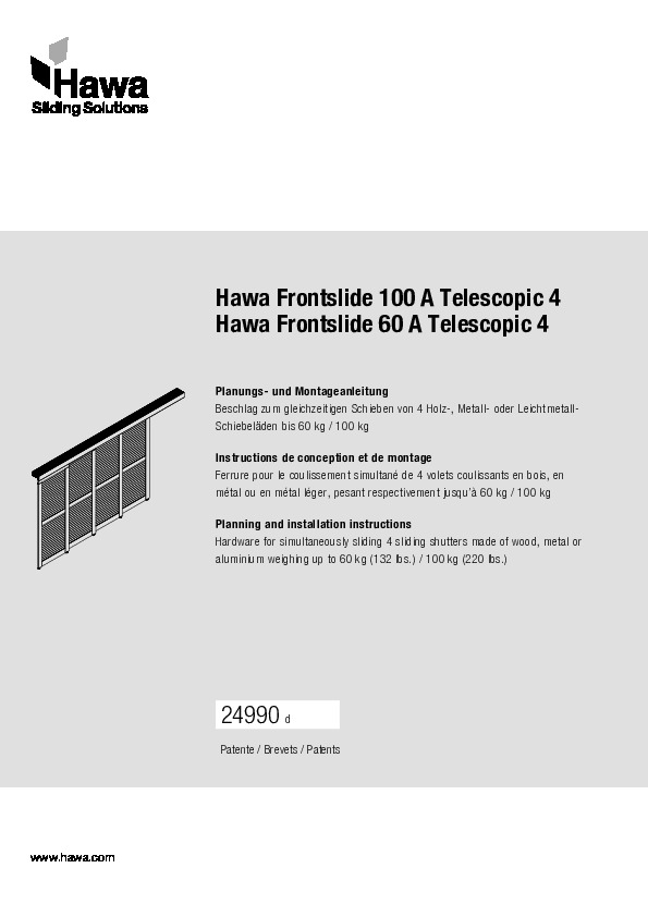 HAWA FRONTSLIDE 60/100 A TELESCOPIC - montāžas instrukcija 4 vērtnēm ar manuālu vadību