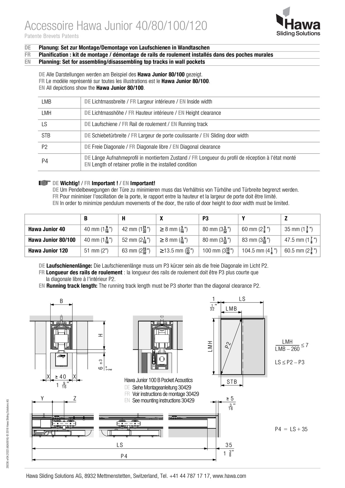 Hawa Junior 40/80/100/120 Set for assembling/disassembling top tracks in wall pockets