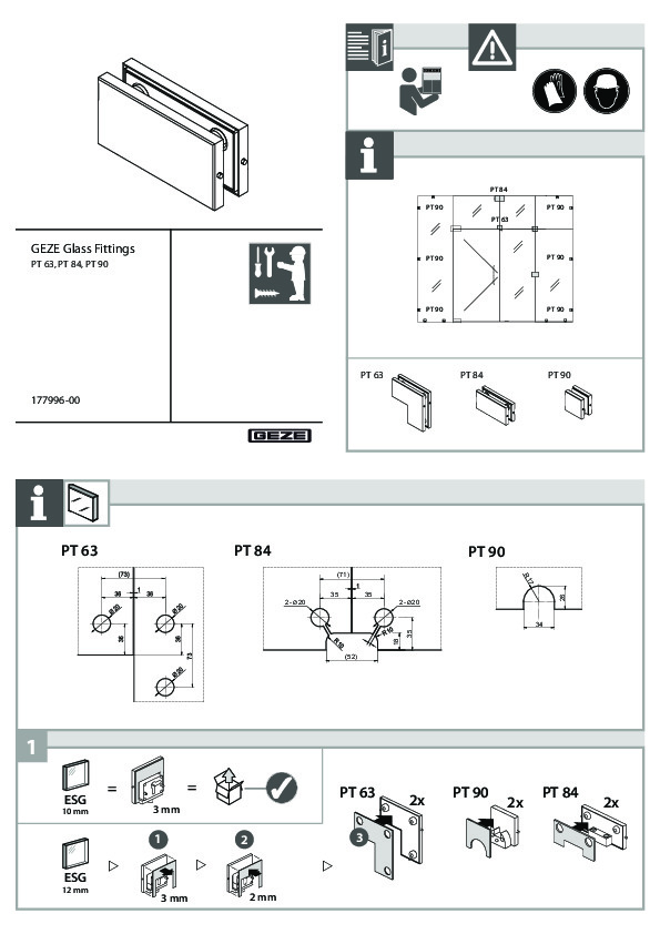 GEZE stiprinājumi pilnstikla konstrukcijām - montāžas instrukcija