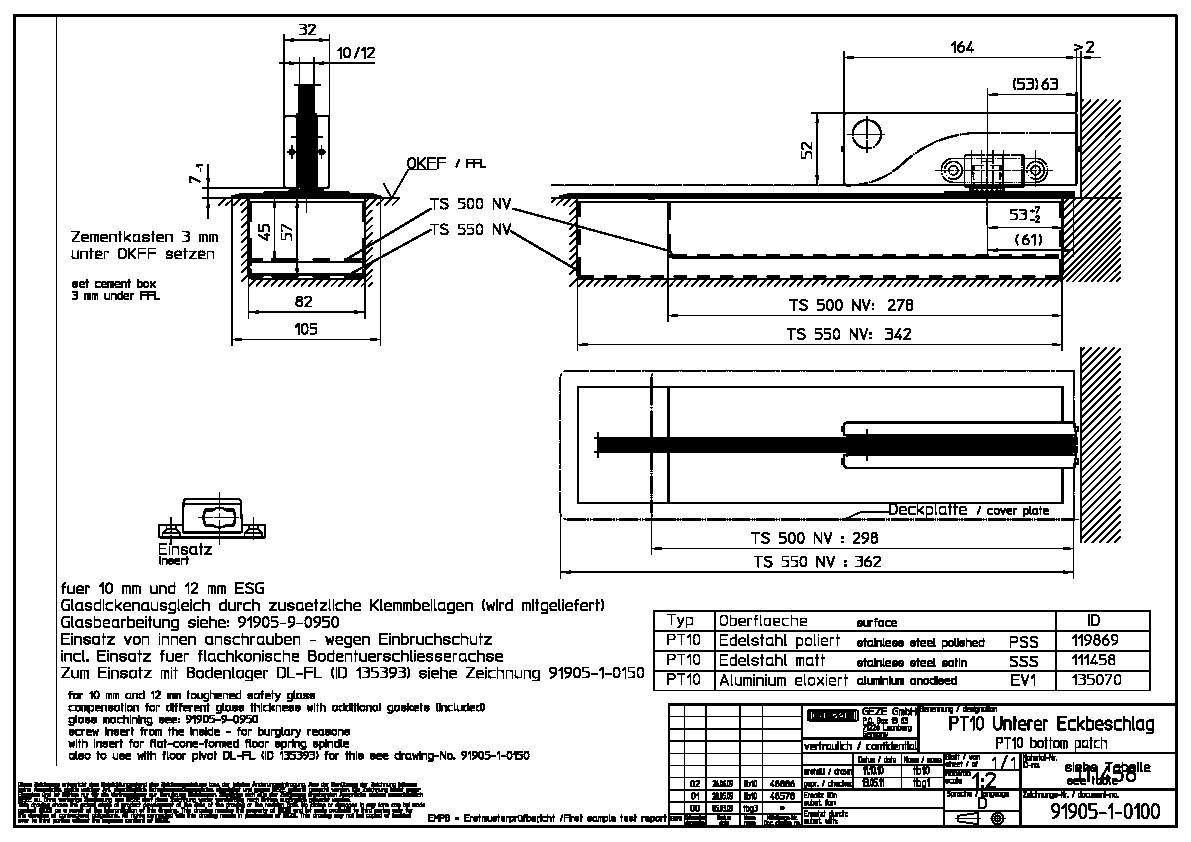 Door closer TS 550 NV tech. details for glass doors - lower corner hinge (DE/EN)