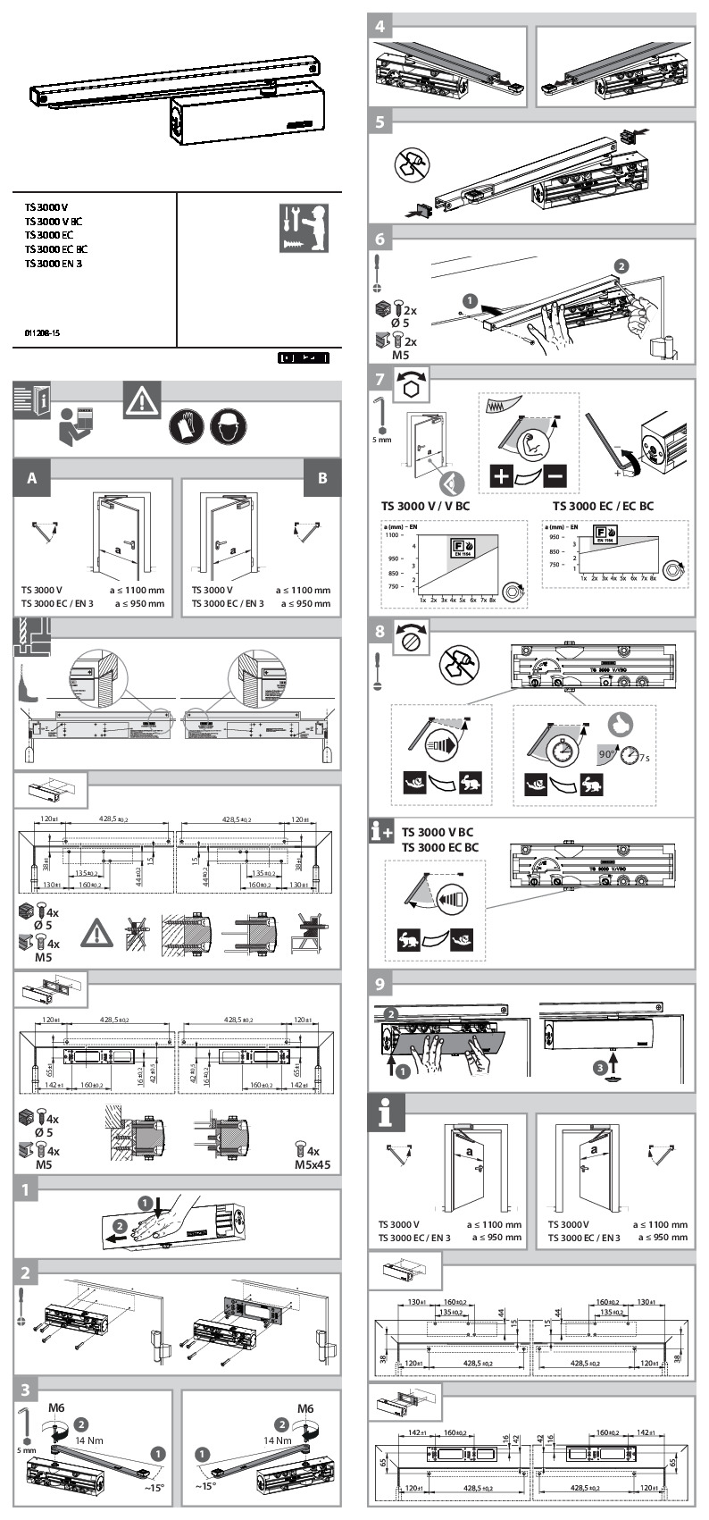 GEZE TS-3000 montāžas instrukcija (TS 3000 V, TS 3000 V BC, TS 3000 EC, TS 3000 EC BC, TS 3000 EN3)