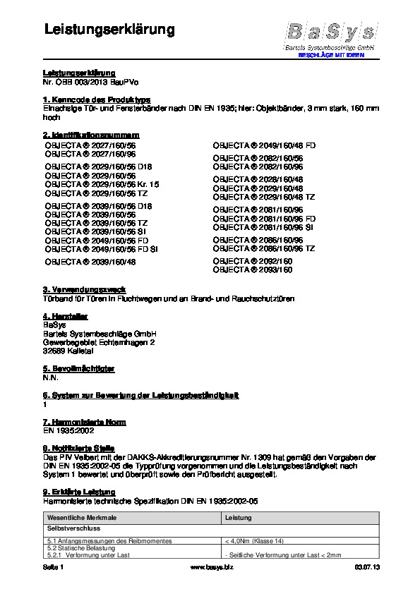 Ekspluatācijas īpašību deklarācija OBB 003/2013 BauPVo (DE)