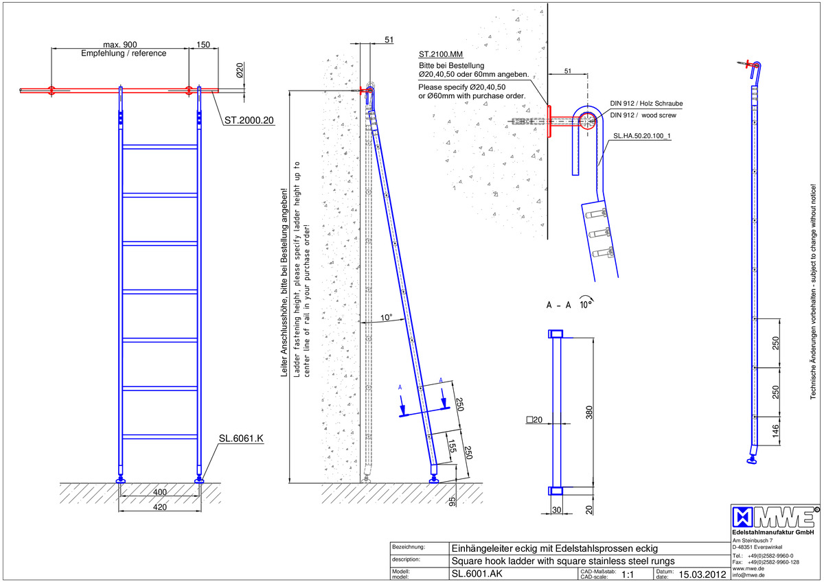 SL.6001.AK Hook ladder AKZENT with stainless steel rungs - technical information