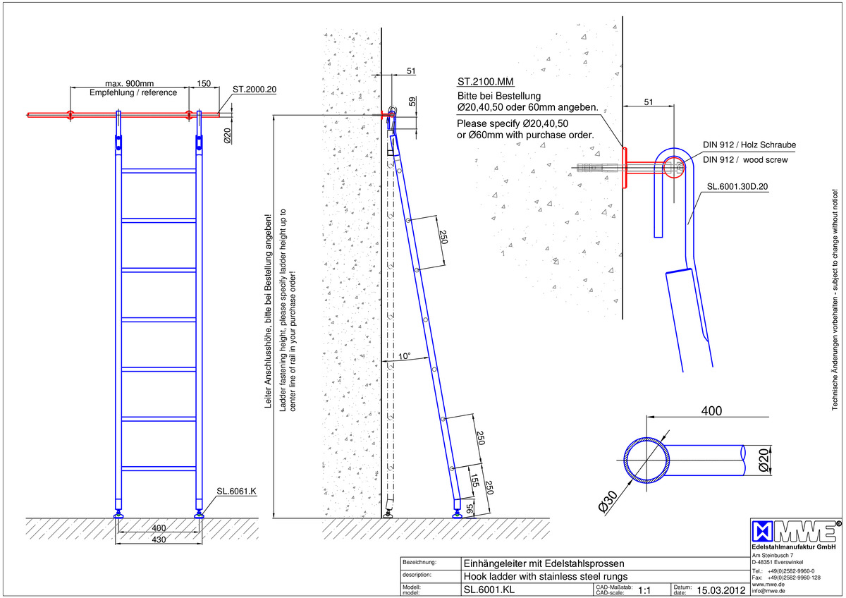 SL.6001.KL MWE Hook ladder KLASSIK with stainless steel rungs - technical information