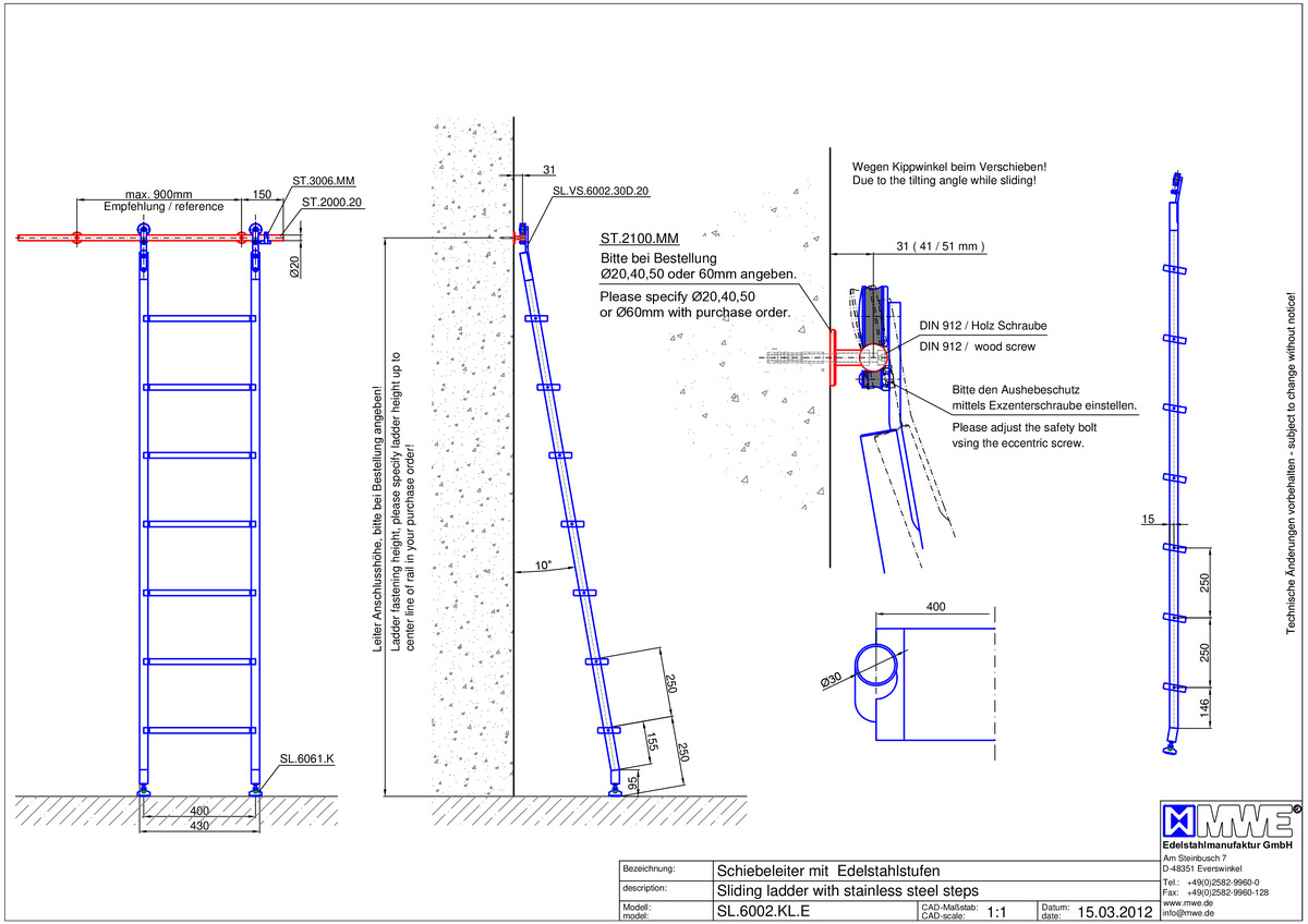 MWE KLASSIK BASIC SL.6002.KL - sliding ladder with stainless steel steps - technical data