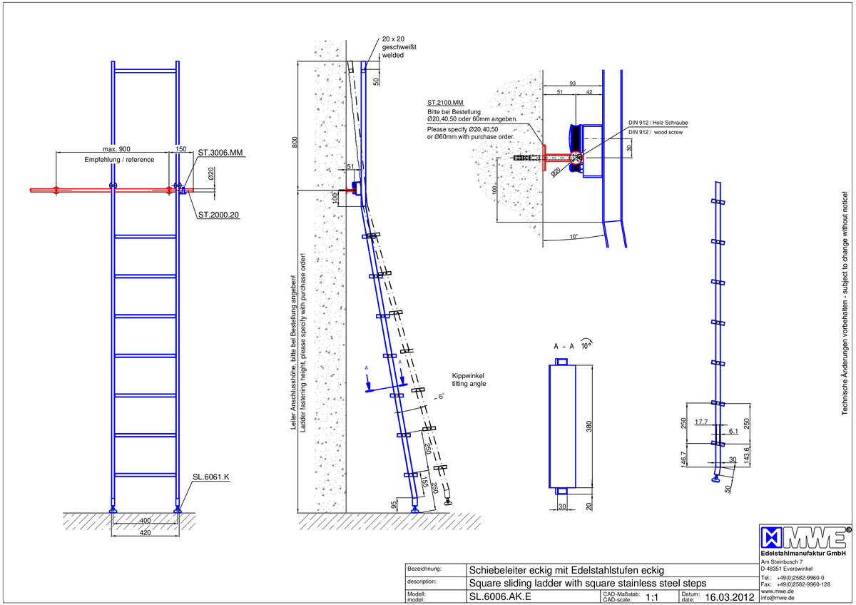 SL.6006.AK MWE AKZENT TANGENS sliding ladder with stainless steel steps - technical information