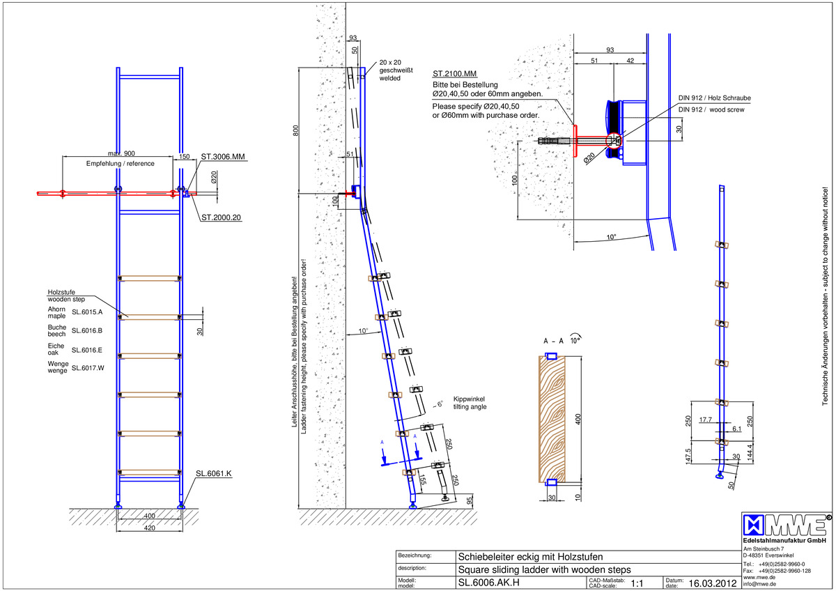 SL.6006.AK MWE AKZENT TANGENS sliding ladder with wooden steps - technical information