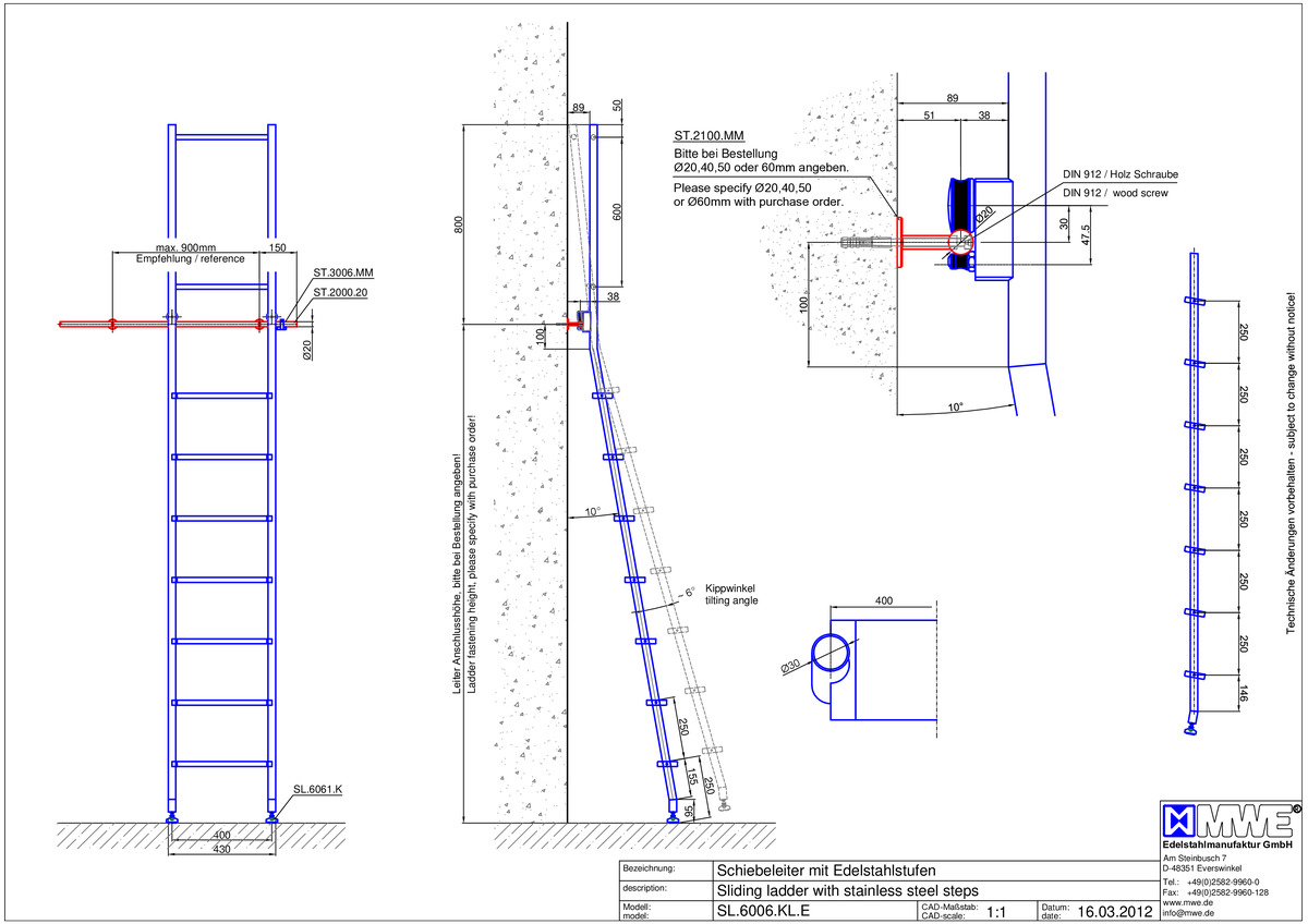 SL.6006.KL MWE KLASSIK TANGENS sliding ladder with stainless steel steps - tehcnical information