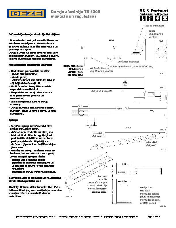 Durvju aizvērēja TS 4000/TS 4000 S montāža un regulēšana