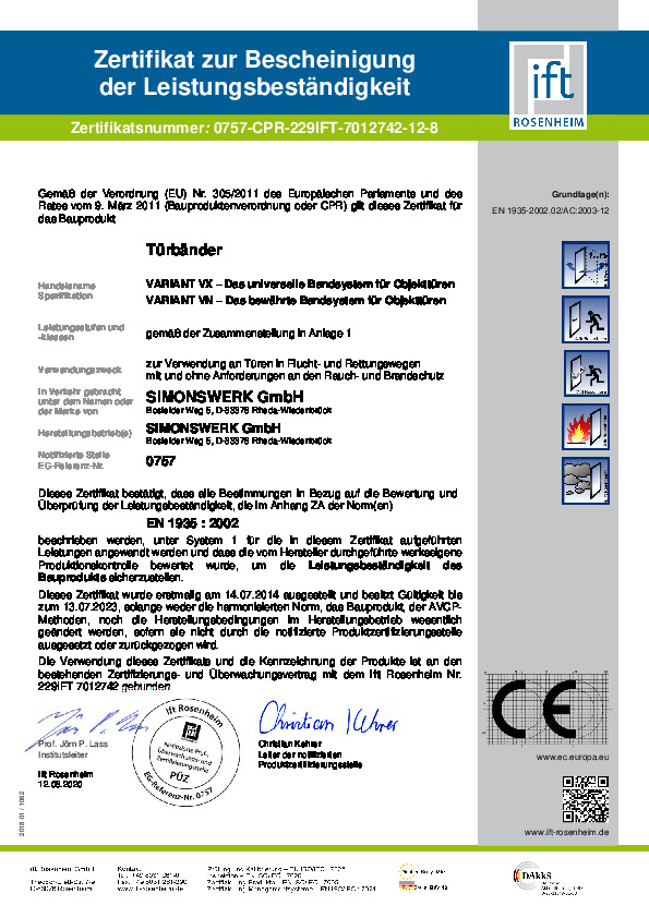 Objekteņģu VARIANT VN/VX ekspluatācijas īpašību noturības sertifikāts 0757-CPR-229IFT-7012742-12-8 (DE)