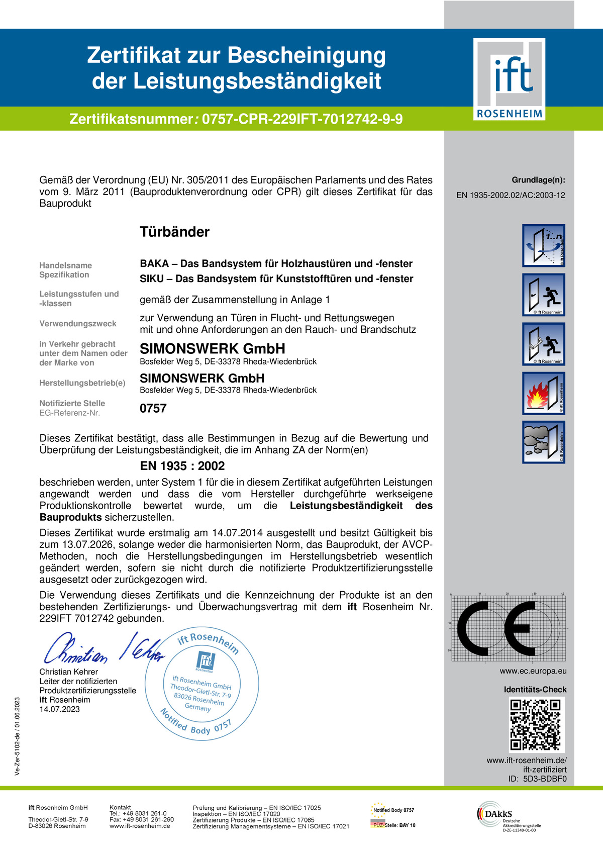 Certificate IFT Rosenheim 0757-CPR-229IFT-7012742-9-9 (DE) 