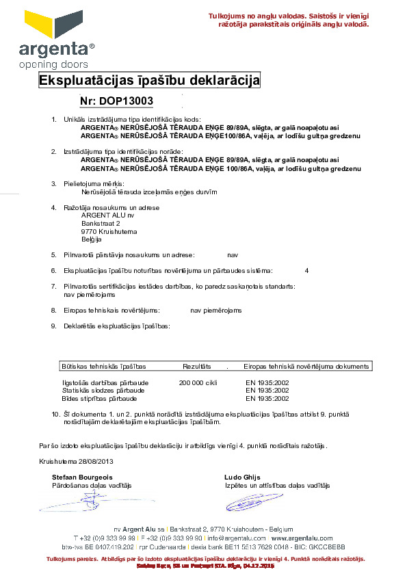 Ekspluatācijas īpašību deklarācija DOP 13003 LV