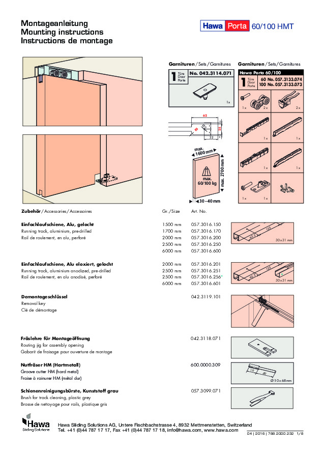HAWA Porta 60/100 HMT - montāžas instrukcija (DE/EN/FR)