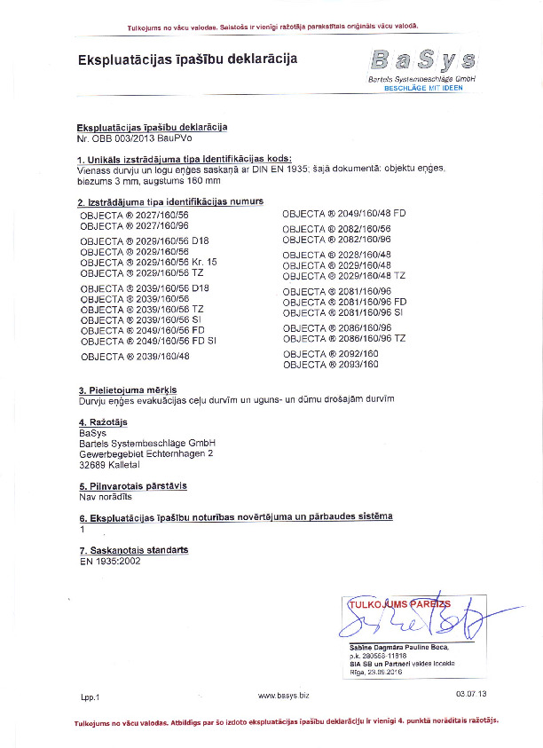 Ekspluatācijas īpašību deklarācija OBB 003/2013 BauPVo (LV)