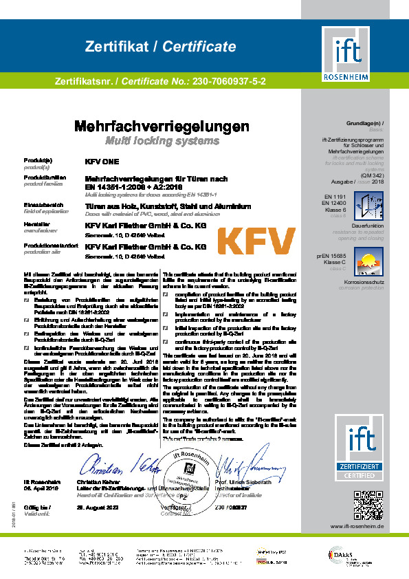 Sertifikāts IFT Rosenheim 230-7060937-5-2 (DE/EN)-KFV ONE