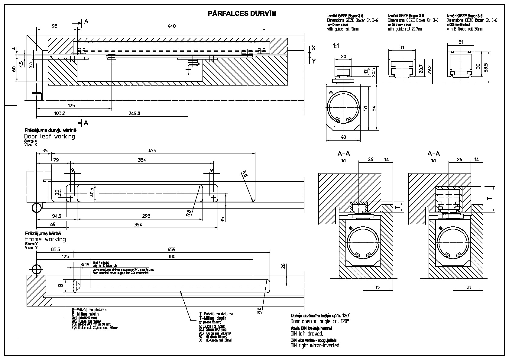 Assembly details for the concealed closer BOXER 3-6 in rebated wooden doors