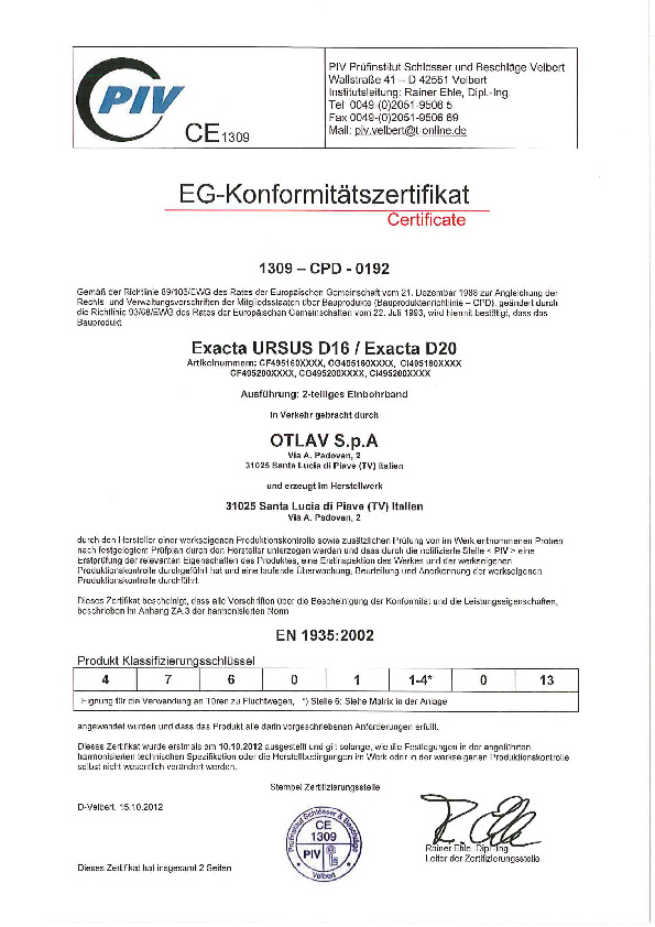 Ekspluatācijas īpašību sertifikāts vācu valodā 1309-CPD-0192 DE