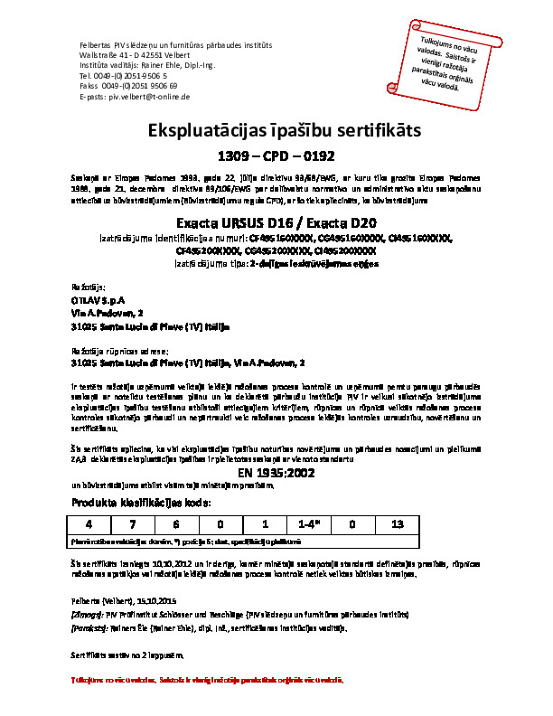 Ekspluatācijas īpašību sertifikāts latviešu valodā 1309-CPD-0192 LV