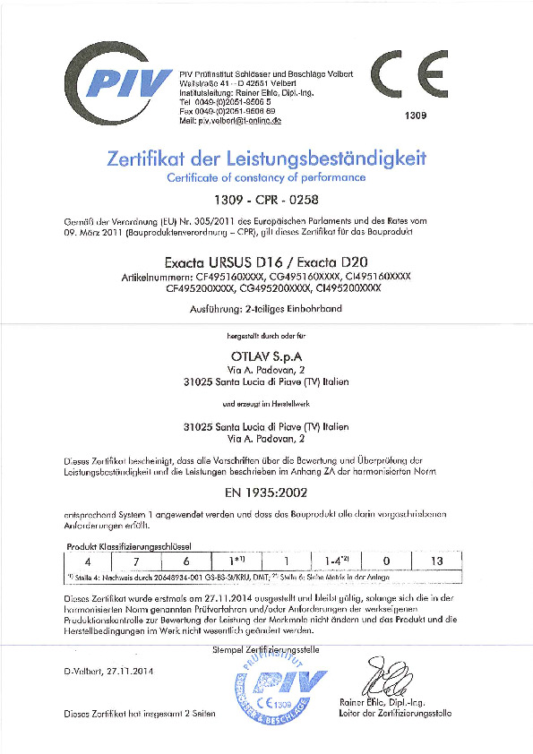 Ekspluatācijas īpašību sertifikāts vācu valodā 1309-CPR-0258 DE