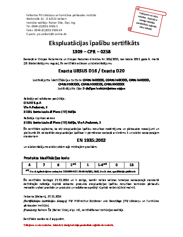 Ekspluatācijas īpašību sertifikāts latviešu valodā 1309-CPR-0258 LV