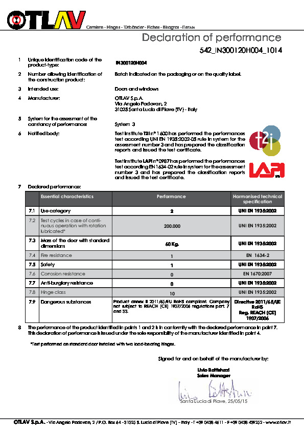 Ekspluatācijas īpašību deklarācija 542 IN300120H004 EN