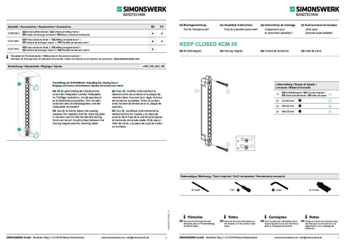 Door magnet KCM50 - assembly instructions (DE/EN/FR/ES)