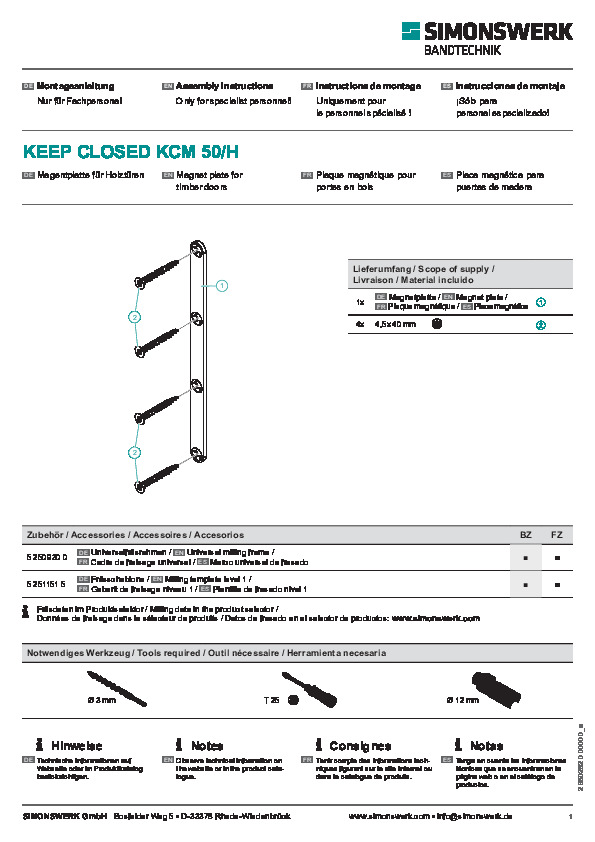 Magnēta pretplāksne KCM 50/H koka durvīm - montāžas instrukcija (DE/EN/FR/ES)
