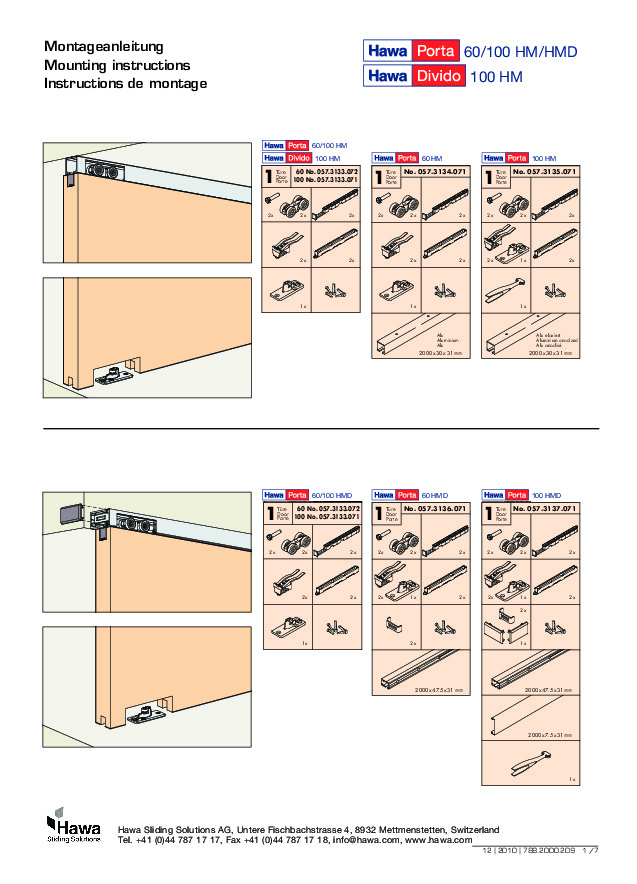 HAWA Porta 60/100 HM/HMD and Divido 100 HM - mounting instructions