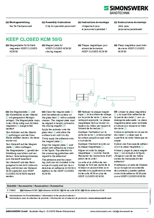 Magnet strike plate KCM 50/G for glass doors - assembly instructions (DE/EN/FR/ES)