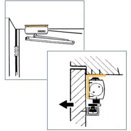 Door closer GEZE TS 5000 with guide rail T-STOP TS 5000/3000 and lintel casing bracket - ARRANGEMENT KL