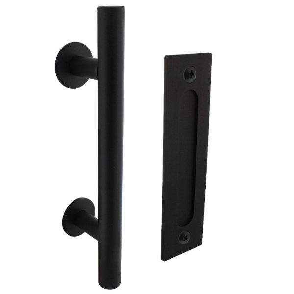 Sliding door handle set: pull handle 305mm / flush pull 220mm, through-bolt fixing, door thickness 38-42mm, black