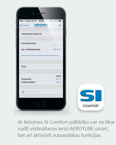 Decentrālās vēdināšanas ierīce AEROTUBE WRG smart un mobilā lietotne SI COMFORT
